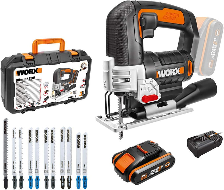 WORX 18V(20V MAX) Akku Stichsäge WX543.2, PowerShare, 2,0Ah, 45°Schnittwinkel, 4-Wege Pendelsystem,
