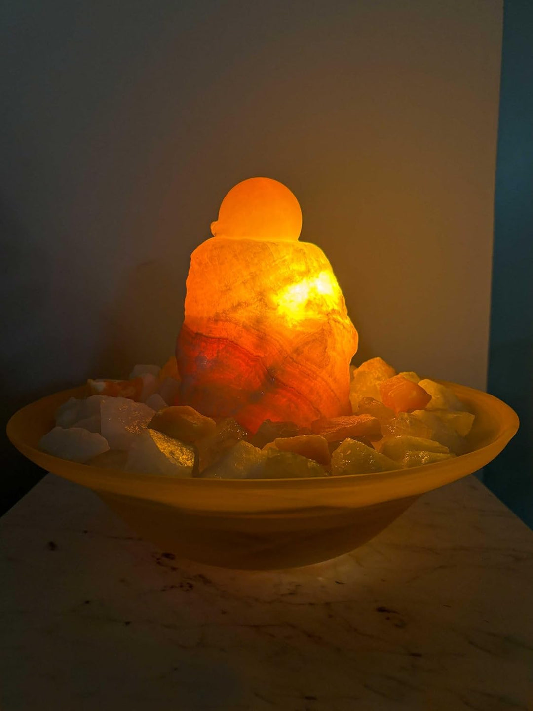 Kugelbrunnen Salonica Orangencalcit mit Beleuchtung (Schalenfarbe: Weiss)
