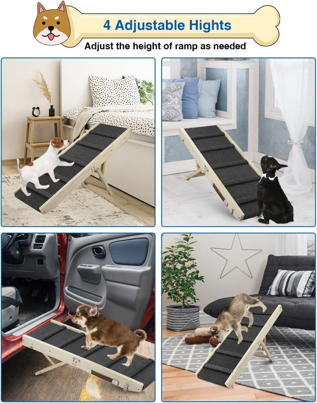 Klappbare Hunderampe aus Holz -Hundetreppe Höhenverstellbar 25-48cm mit Rutschfester Matte für Bett