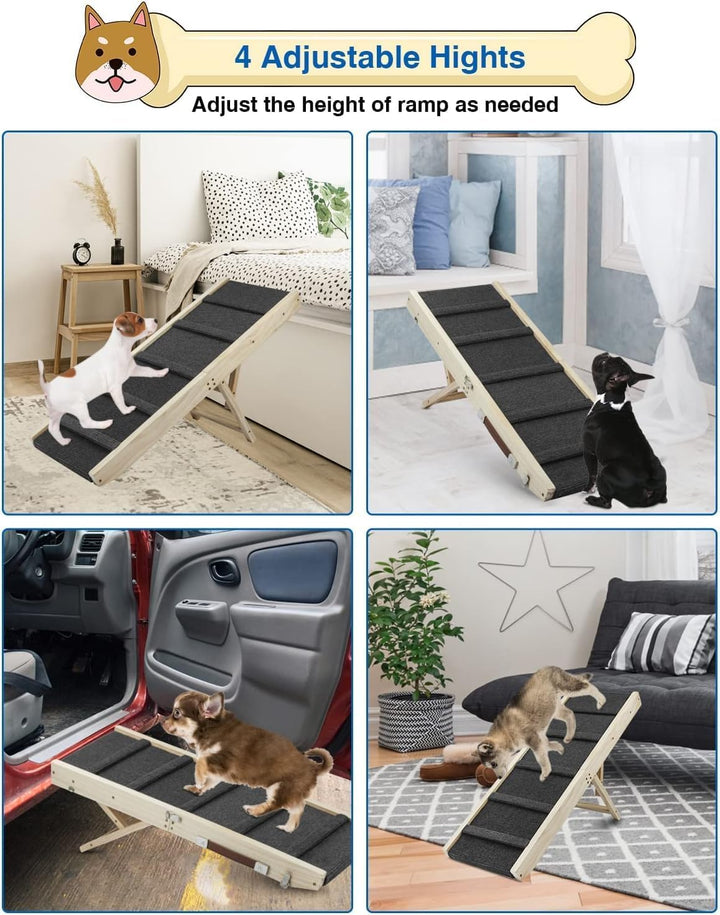 Klappbare Hunderampe aus Holz -Hundetreppe Höhenverstellbar 25-48cm mit Rutschfester Matte für Bett