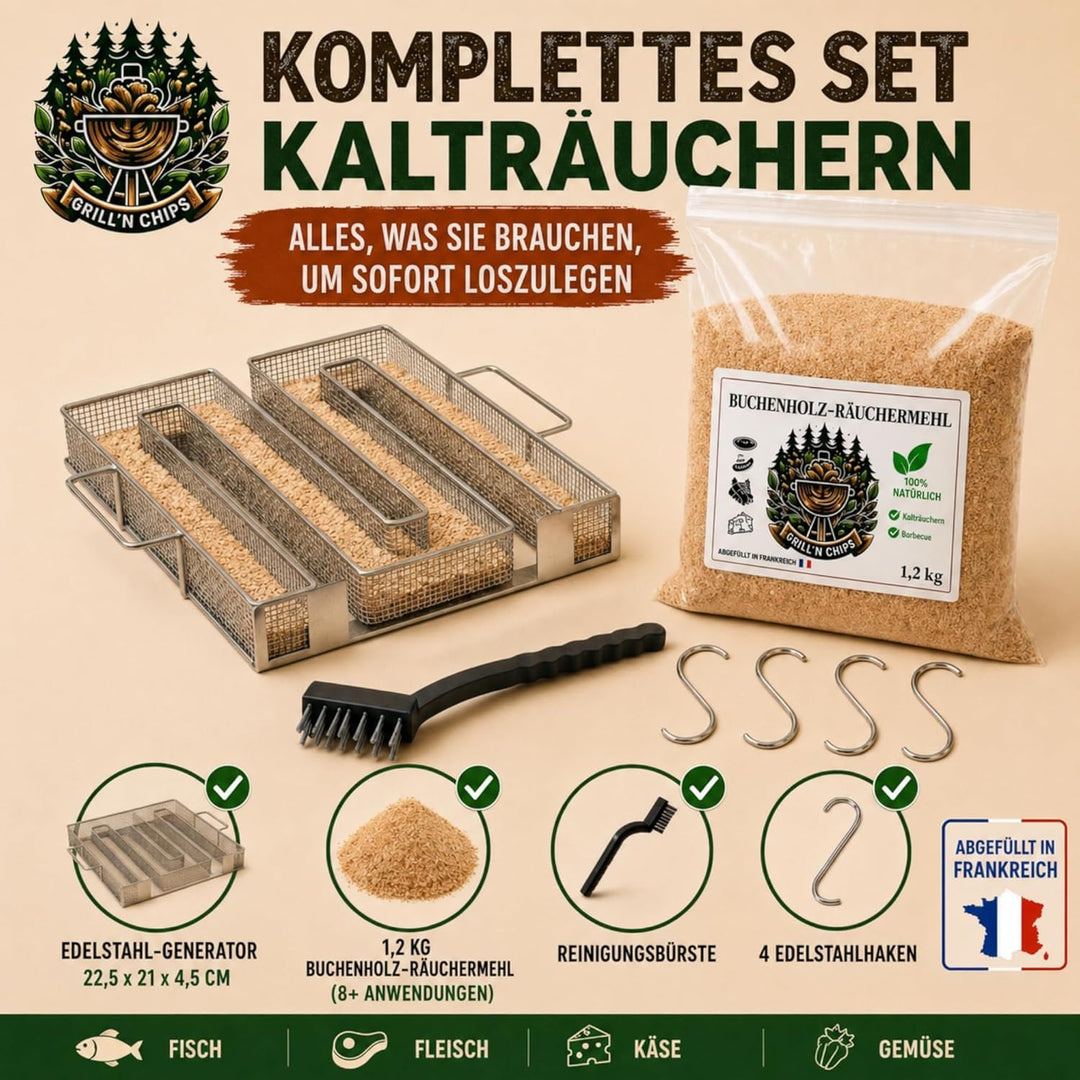 Kaltrauchgenerator/Räucherschnecke für Räucherofen + 1,2 kg Räuchermehl Buche + 4 Haken & Bürste – E