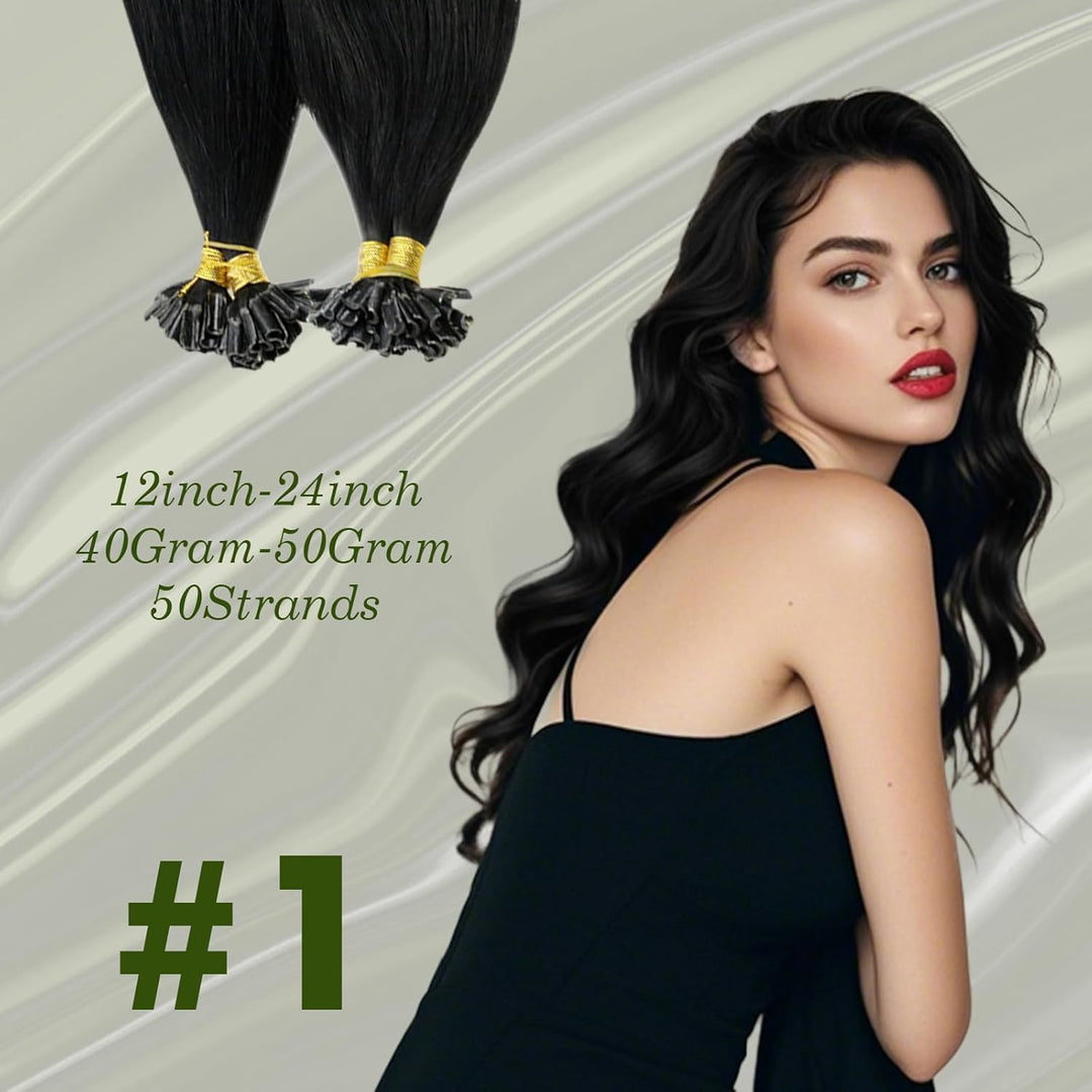 RUNATURE Bondings Extensions Echthaar 60cm Lang Haarverlangerung Echthaar Bondings Schwarz 50g 50s K