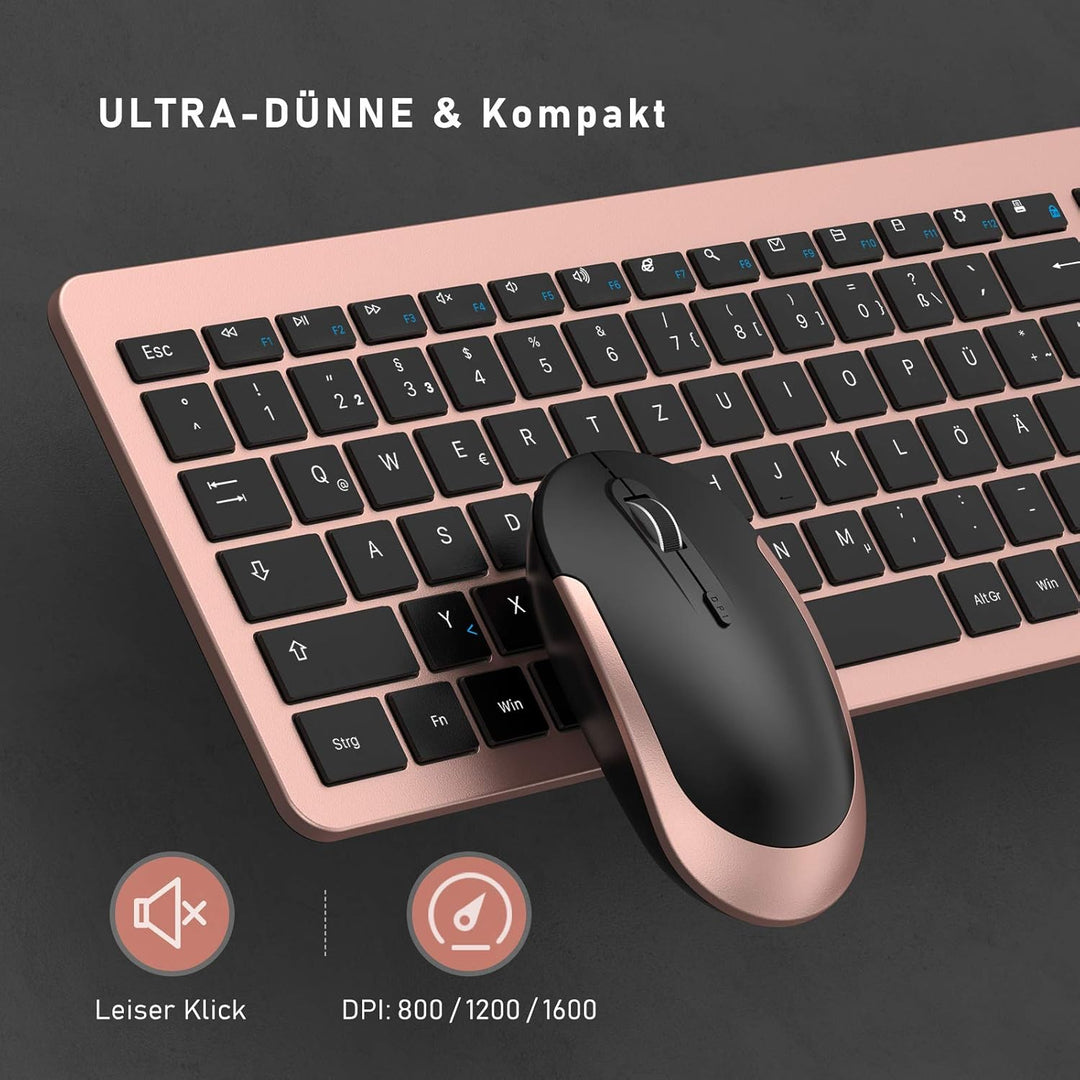 seenda Funktastatur mit Maus, Wiederaufladbare Ultra-Dünne Tastatur Maus Set Kabellos, Ergonomische