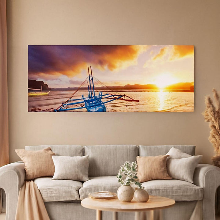 Panorama Bilder auf Leinwand 100x40cm Leinwandbild Ufer Boot Strand Gross Wanddeko Bild Schlafzimmer