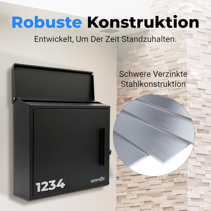SereneLife Briefkasten Anthrazit – A4 Einwurf, 35x37x11,5cm, mit Schloss & 2 Schlüsseln, Wetterfest