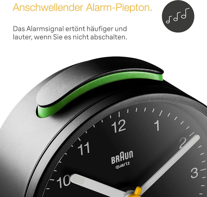 Braun Klassischer analoger Wecker mit Schlummerfunktion und Licht, ruhiges Quarzuhrwerk, Crescendo-A