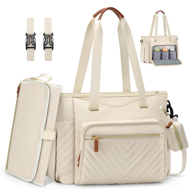 RAINSMORE Wickeltasche Gross mit Wickelunterlage &amp; Schnullertasche Cremeweiss, Cremeweiss