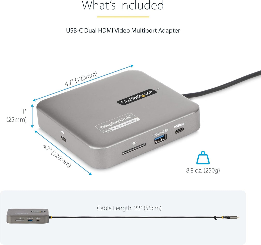 StarTech 7-in-1 USB-C DisplayLink Dockingstation, Dual 4K 60Hz HDMI-Dock für MacBook M1 bis M4 und W