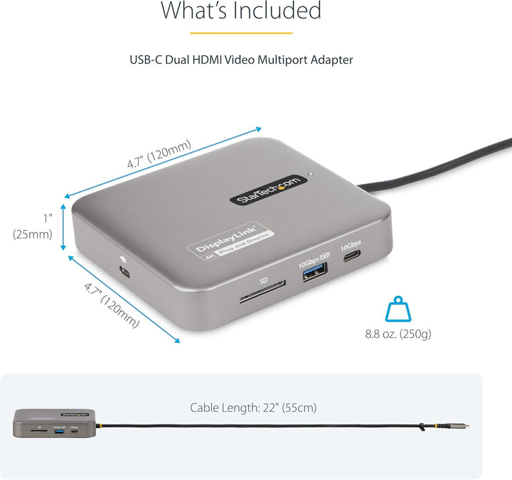 StarTech 7-in-1 USB-C DisplayLink Dockingstation, Dual 4K 60Hz HDMI-Dock für MacBook M1 bis M4 und W