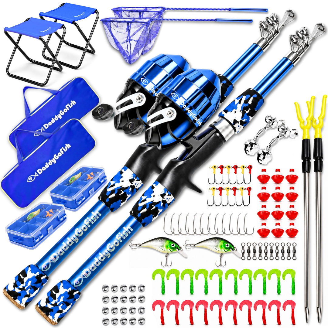 DaddyGoFish Kinder Angelset - Teleskoprute &amp; Rolle Combo mit Klappstuhl, Rutenhalter, Tackle Box, Kö