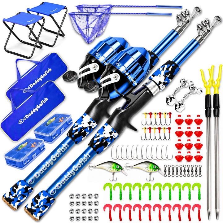 DaddyGoFish Kinder Angelset - Teleskoprute &amp; Rolle Combo mit Klappstuhl, Rutenhalter, Tackle Box, Kö