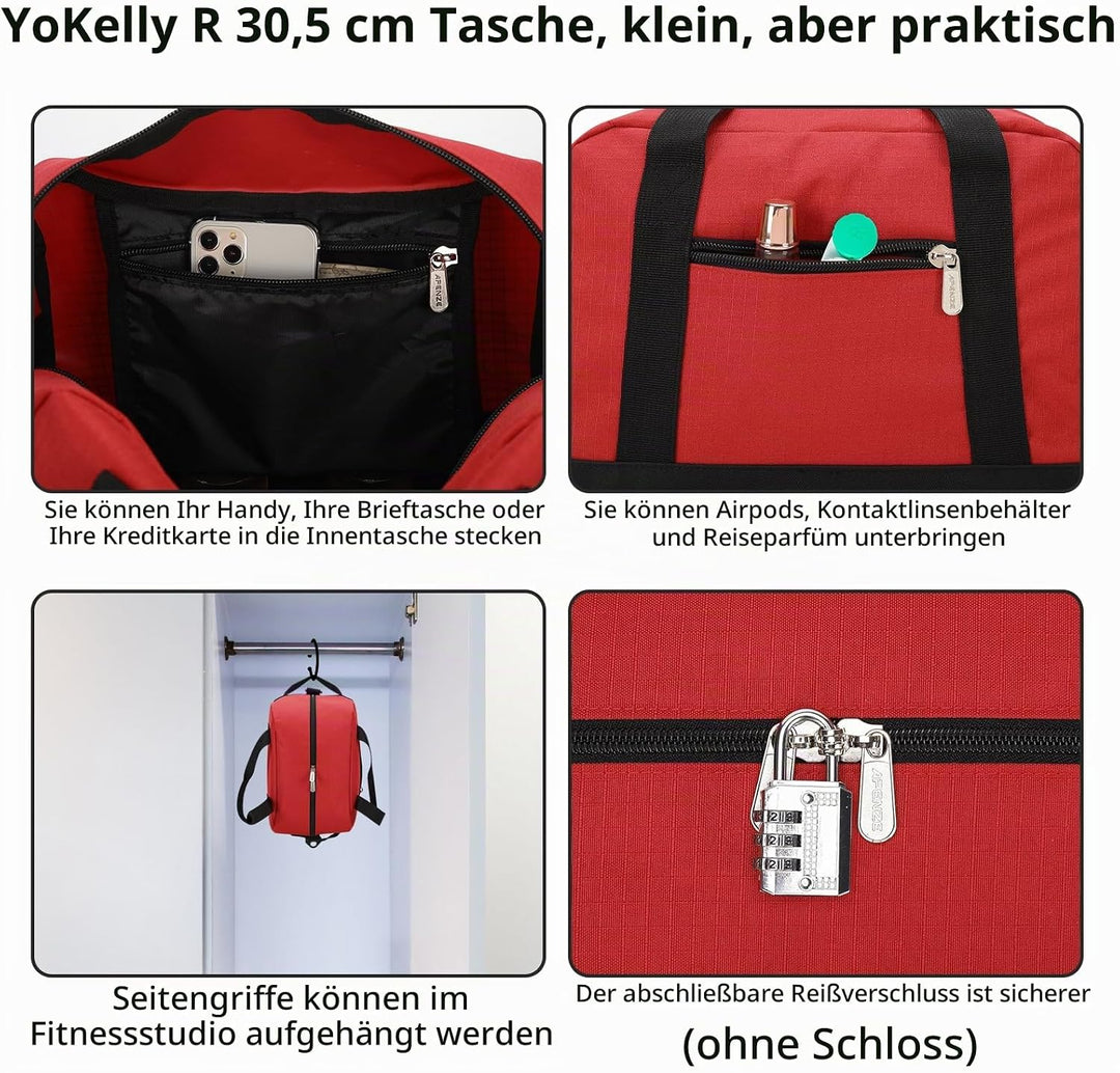 Sporttasche klein, Reisetasche 12L Mini Handgepäck Tasche für Weekender, Fitnesstasche 30x20x25cm-Ro
