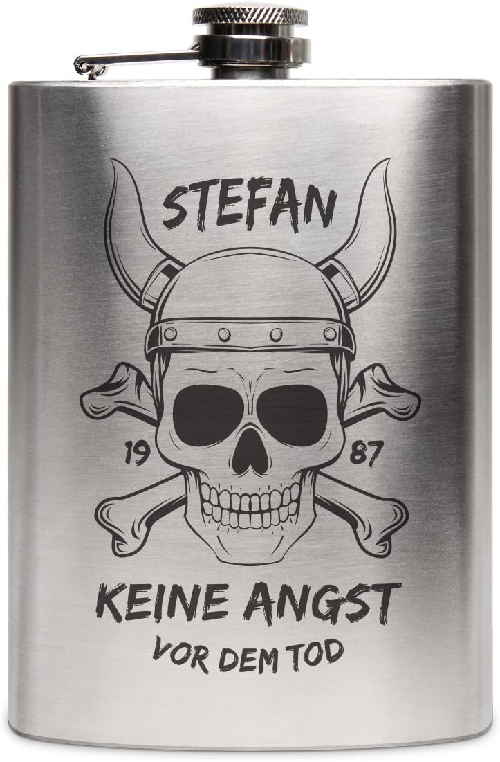 Flachmann Edelstahl 8oz. 237 ml mit individueller Gravur - Wikinger Totenkopf, Wikinger Totenkopf