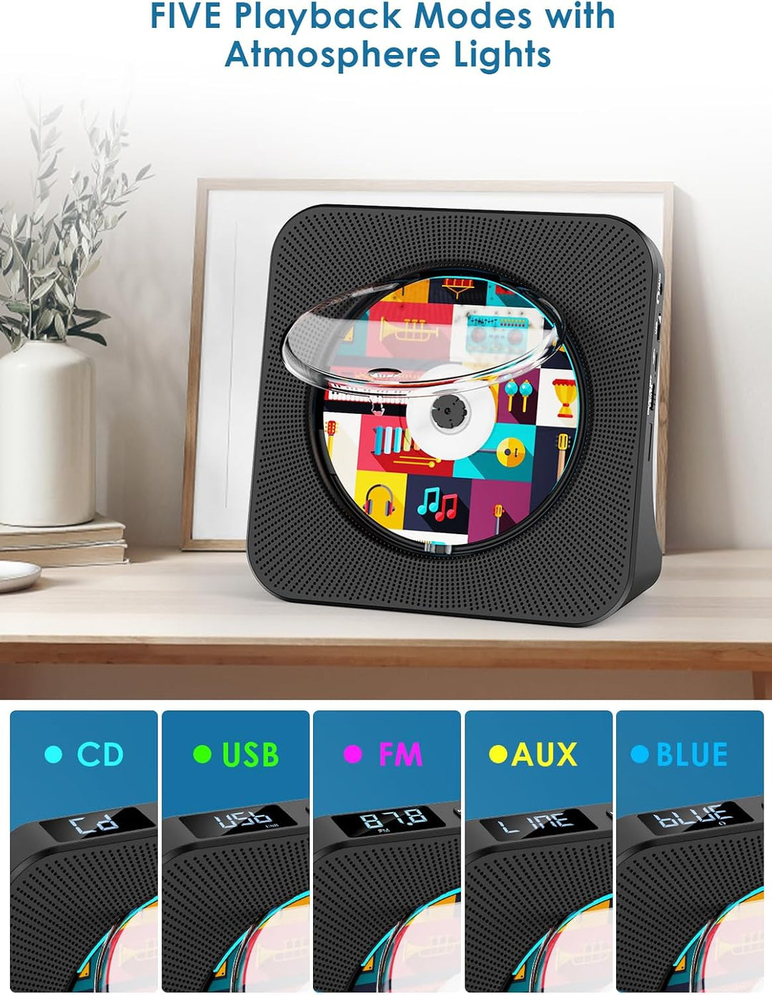 Gueray CD Players Bluetooth CD-Player mit Lautsprecher Unterstützt Fernbedienung Anzeige FM Radio mi