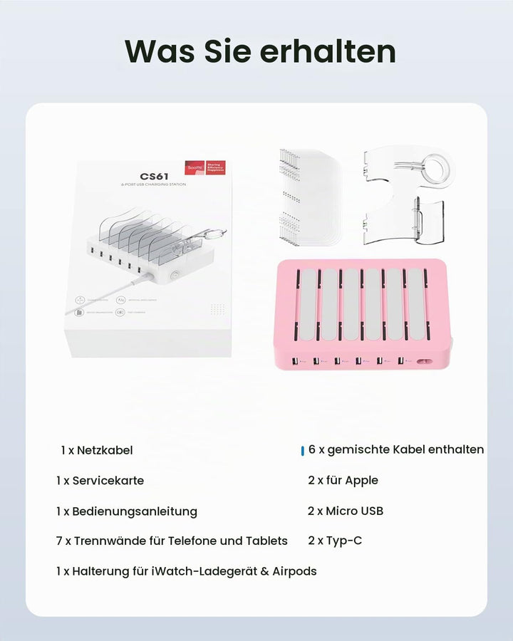 SooPii USB-Ladestation Organizer für mehrere Geräte, 6 Ports 50W Ladestation mit 6 Kabeln und aktual