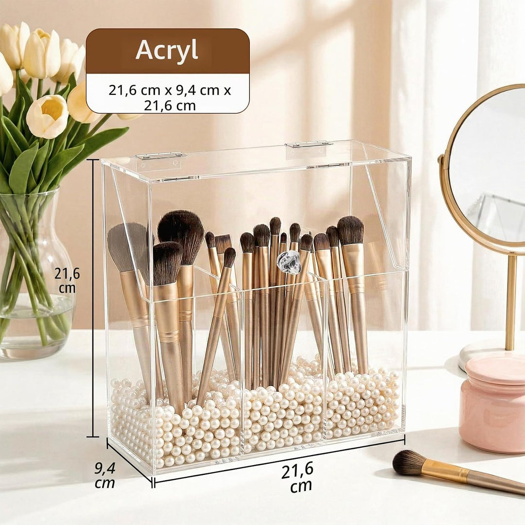 Okllen Make-up-Pinselhalter mit Staubdichtem Deckel, Weisse Perlen, Transparenter Acryl-Make-up-Pins