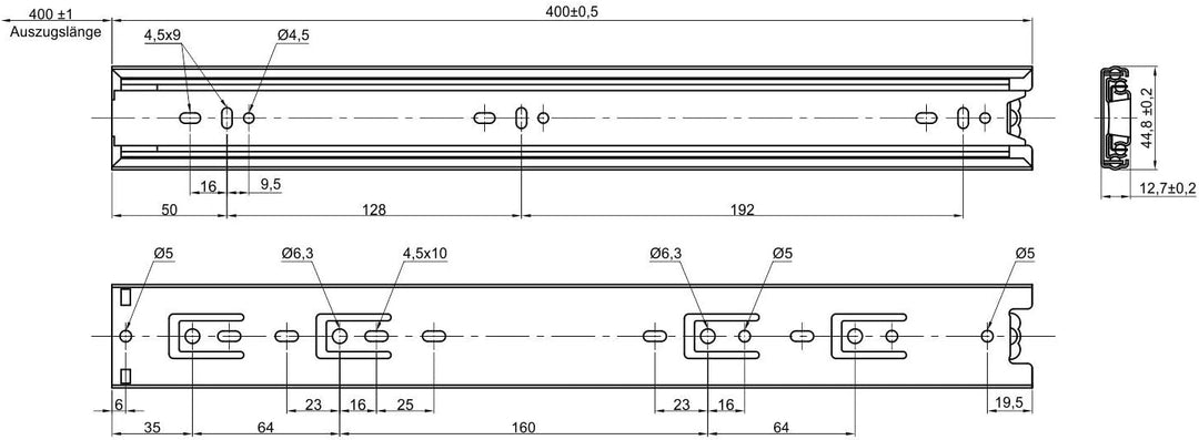 SOTECH 4 Paar (8 Stück) Vollauszüge KV3-45-H45-L400-NF schwarz 400 mm (eingeschoben) Schubladenauszu