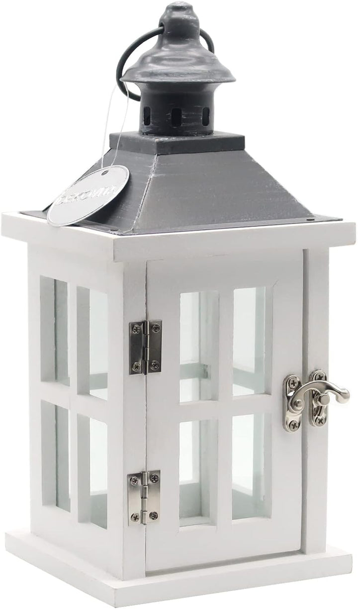 Dekovita 27cm Holz-Laterne Weiss - Gartenlaterne mit Glas-Scheiben Henkel - Windlicht Deko-Laterne N