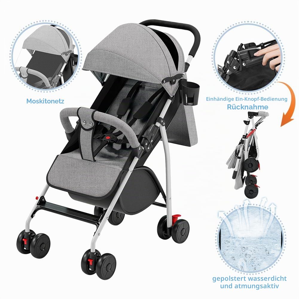 Travel buggy,leicht (4,8 kg), Bequemer Buggy kinderbuggy klappbar und verstellbar, Mit Baumwollbezug