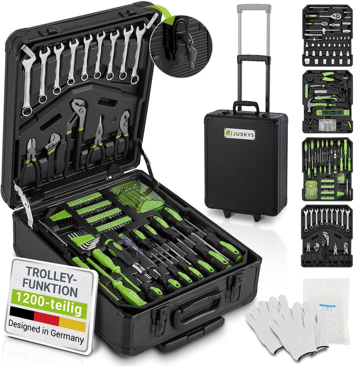 Juskys Werkzeugkoffer - 1200 teilig Werkzeug, Werkzeugtrolley gefüllt, Werkzeugkiste, Set, Rollen