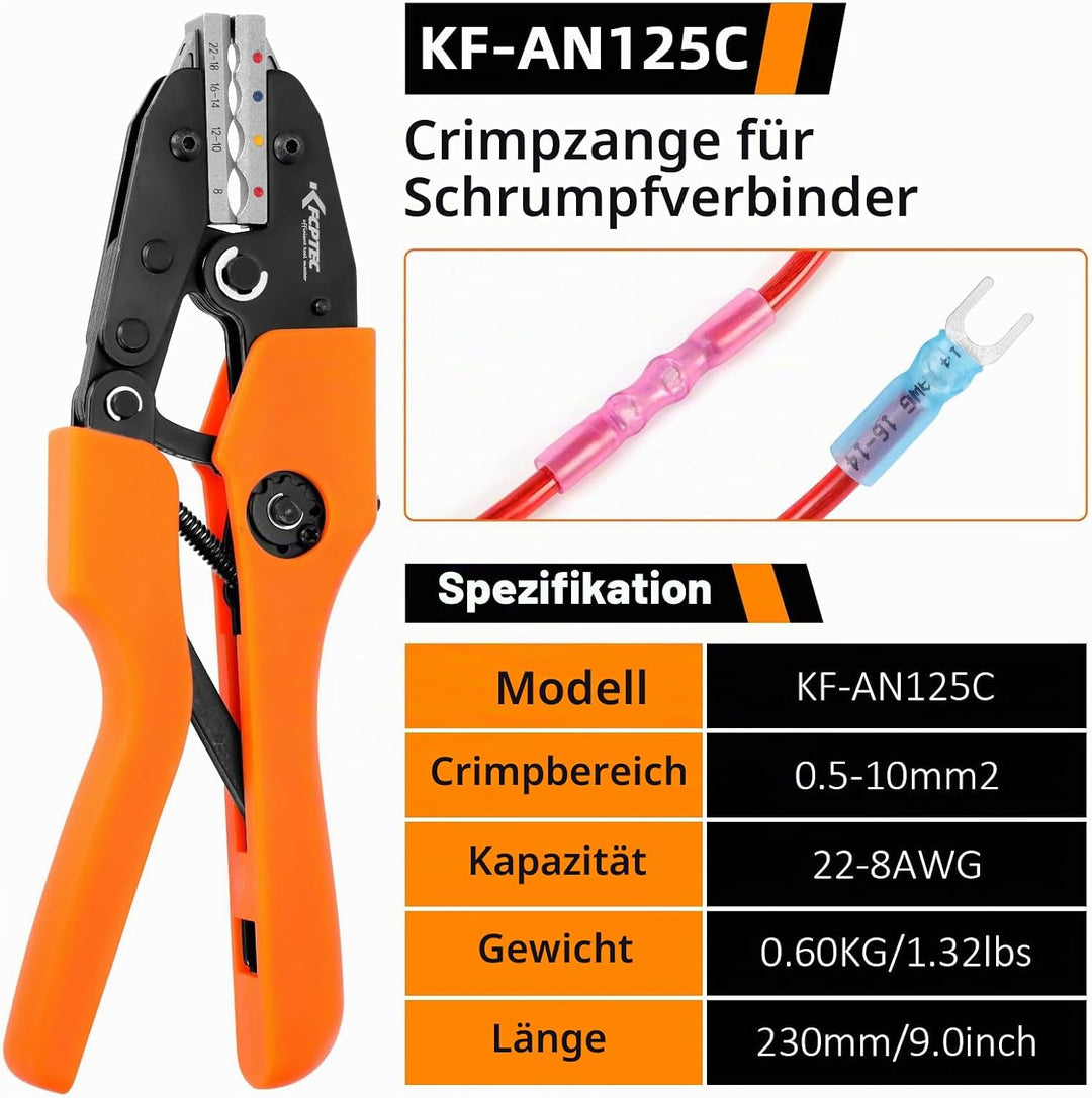 KF CPTEC Crimpzange für Schrumpfverbinder 0,5-8,0 mm² (AWG 22-8) – Krimperzange Kabelschuhe mit Rats