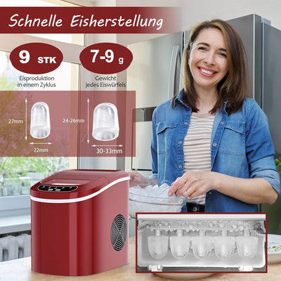 RELAX4LIFE Eiswürfelmaschine, Eismaschine mit Eiswürfelschaufel & Eiskorb, 12 kg in 24 Std, 9 Eiswür