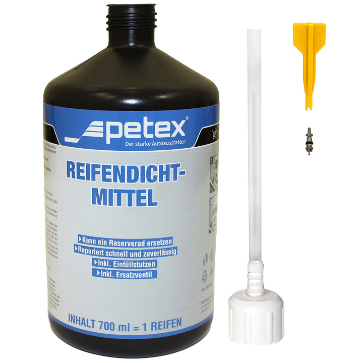 PETEX Reifendichtmittel Inhalt 700 ml inkl. Einfülldeckel, Ventilausdreher mit Flügel, Ersatzventil,
