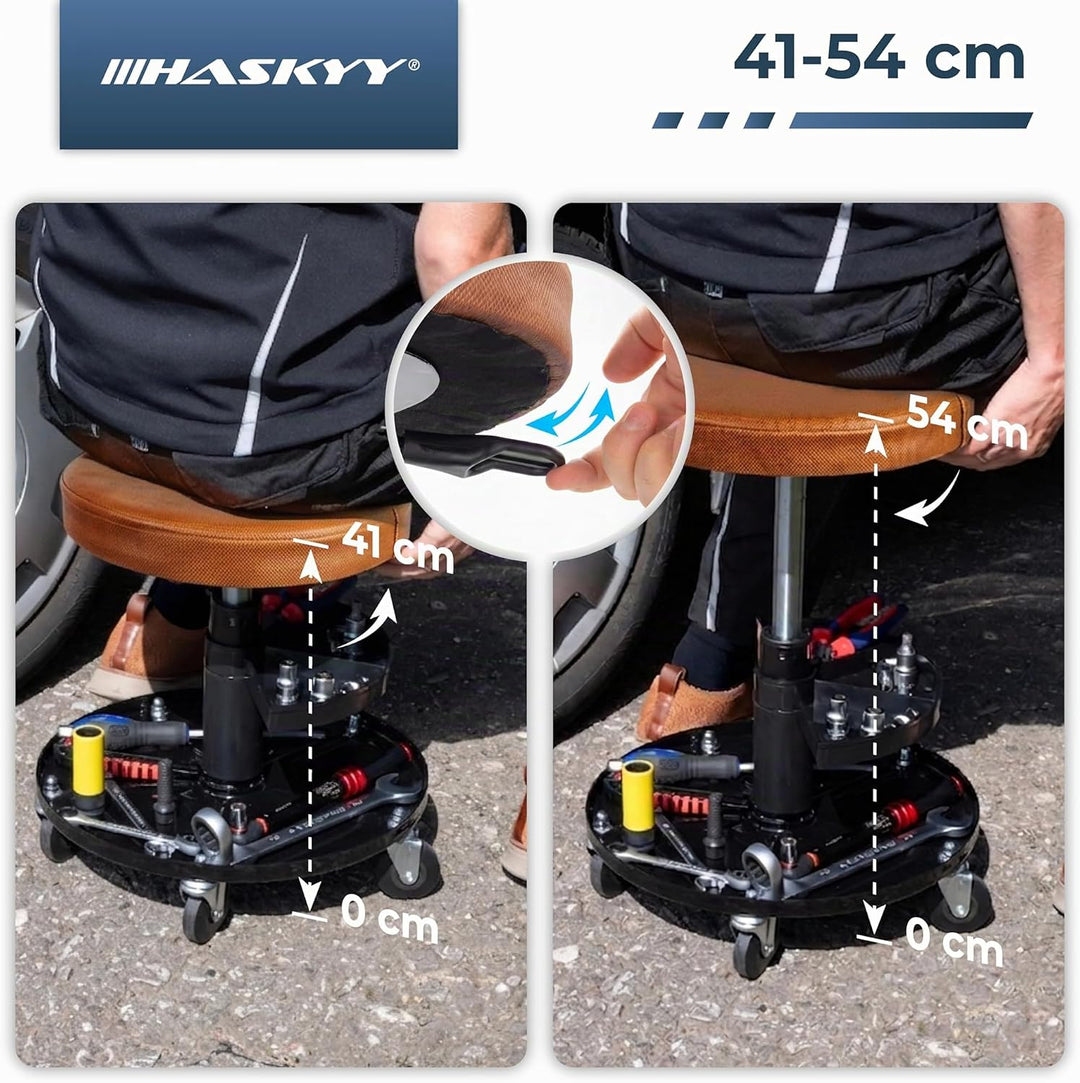 Haskyy Werkstatthocker Rollhocker | Höhe 430-580mm I Sitz Geleinlage | Werkstatt-Arbeits-Hocker-Stuh