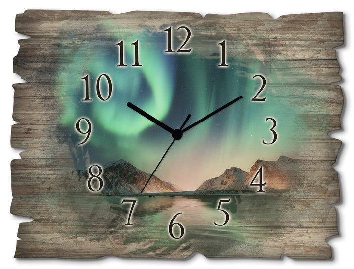 ARTLAND Wanduhr ohne Tickgeräusche aus Holz Quarzuhr 40x30 cm Rechteckig Lautlos Nordlicht Polarlich