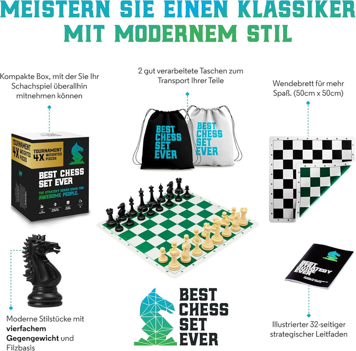 Best Chess Set Ever 4X: Turnierschach, Vierfaches Gewicht (König 11,4 cm), Silikonbrett, Beidseitig