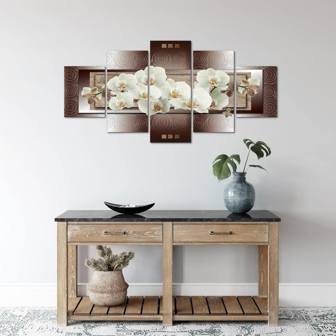 Runa Art Wandbilder Blumen Orchidee 5 Teilig Bild auf Vlies Leinwand Deko Wohnzimmer Abstrakt Beige