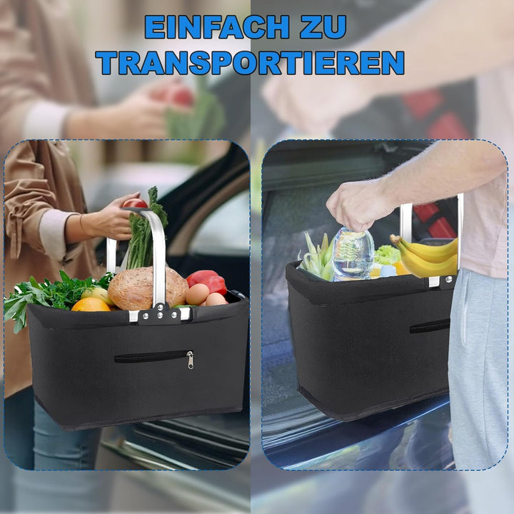 Faltbarer Einkaufskorb 25L, Klappkorb mit Gepolsterten Griffen und Reissverschlusstasche, praktische
