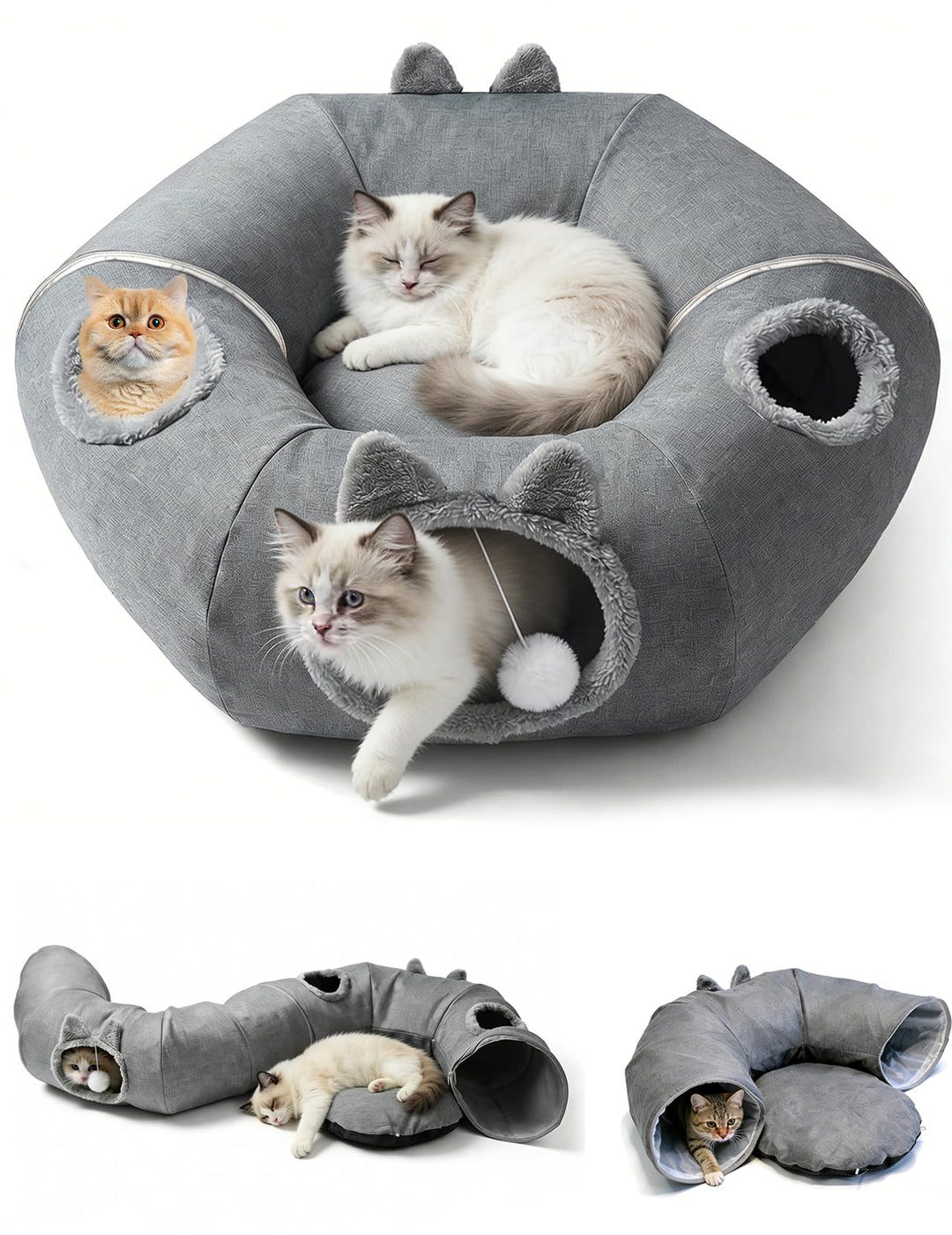 Katzentunnel aus Leinen für den Sommer, XXL Katzentunnel Grosse Katzen mit Schlafplatz & Bed Weiches