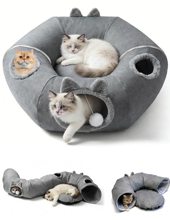 Katzentunnel aus Leinen für den Sommer, XXL Katzentunnel Grosse Katzen mit Schlafplatz & Bed Weiches