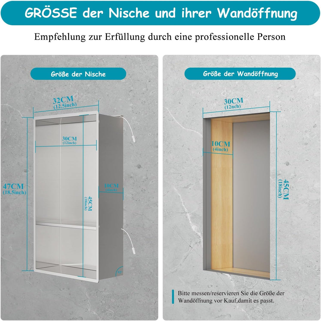 30 x 45 cm Duschnische mit LED-licht, 3000K warmes LED-Licht(Nicht dimmbar), Doppelnische Wandnische