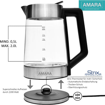 AMARA Wasserkocher Glas mit Temperatureinstellung 2200 Watt 2L besonders leise I Wasserkocher Temper