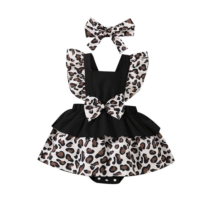 Baby Mädchen Leopard Print Hosenträger Kleid Bowknot Stirnband Kleiderset, ärmellos Rundhalsausschni