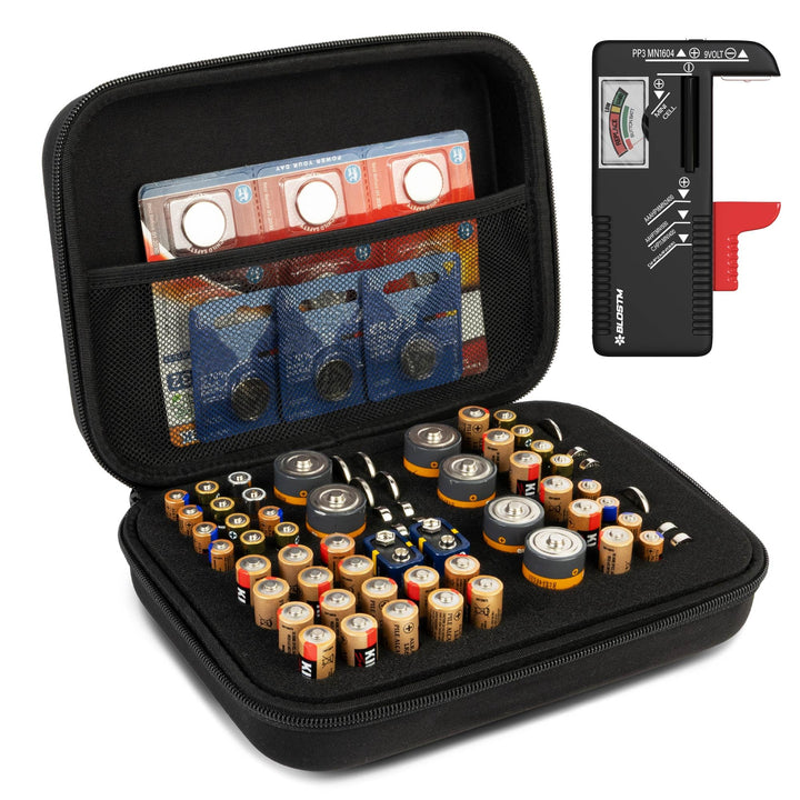 BLOSTM Batterie-Aufbewahrungskoffer mit Tester, tragbarer Batterie-Organizer mit 64 Steckplätzen für