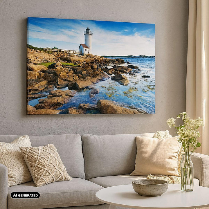 Bilder auf Leinwand Leuchtturm Ufer Wolke Landschaft Leinwandbild 70x50cm Wandbilder Dekoration Wohn