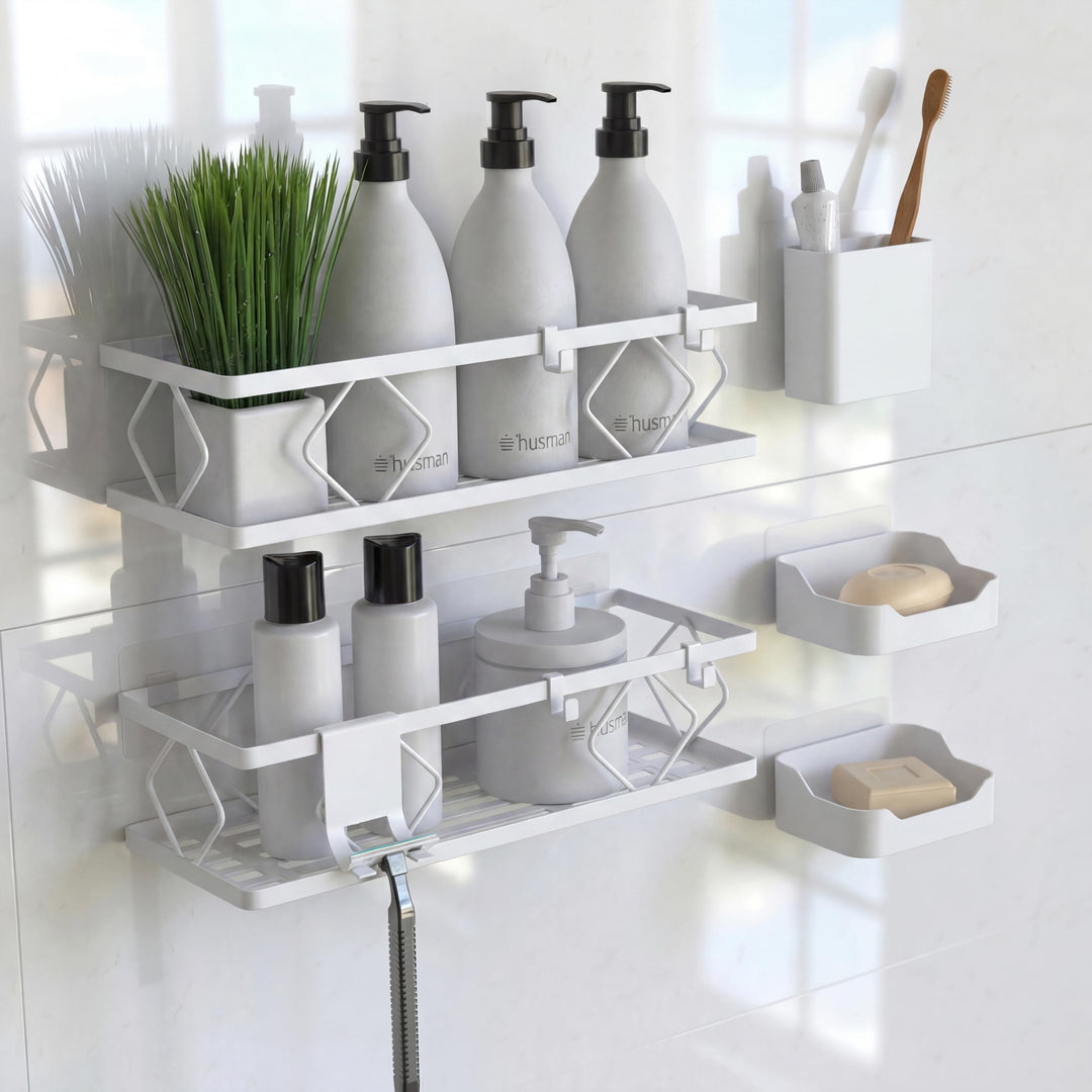 husman® Duschablage-Set ohne Bohren | Weiss | 10-teilig mit Ablaufrillen | Kleben statt Bohren | Dus