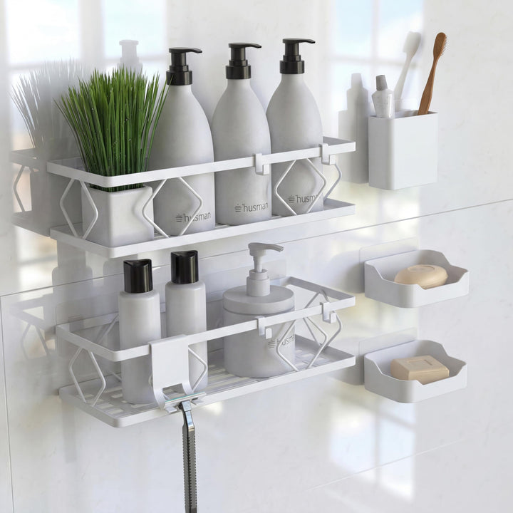 husman® Duschablage-Set ohne Bohren | Weiss | 10-teilig mit Ablaufrillen | Kleben statt Bohren | Dus