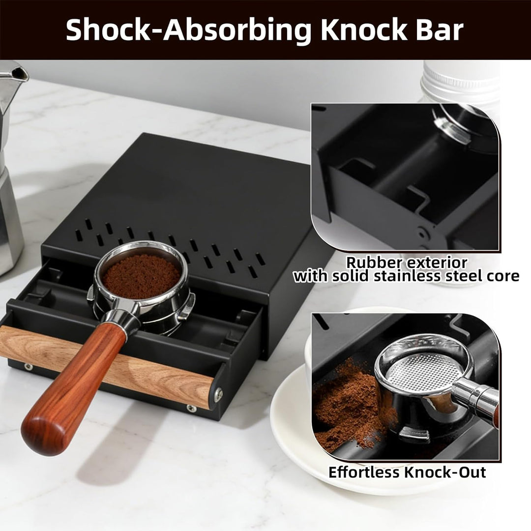 Abklopfbehälter Sudschublade, Abschlagbehälter für Siebträger, Knockbox Edelstahl Schwarz mit Holzgr