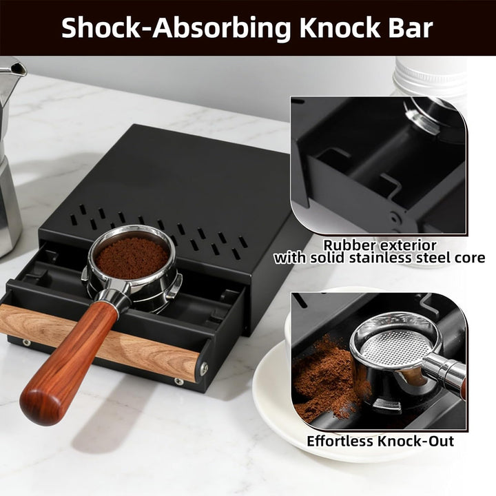 Abklopfbehälter Sudschublade, Abschlagbehälter für Siebträger, Knockbox Edelstahl Schwarz mit Holzgr