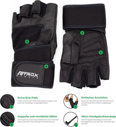 NetroxSports® Professionelle Fitnesshandschuhe mit Handgelenkbandage für schwere Gewichte | echtes L