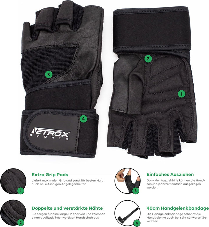 NetroxSports - Trainingshandschuhe mit Handgelenkbandage für Krafttraining Kraftsport - Fitness Hand