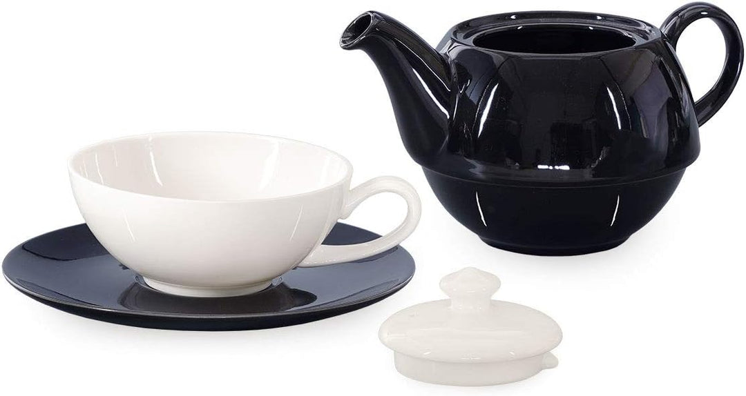 Buchensee Tea for One Lena 500ml aus Crystal Bone China Porzellan in schwarz-weiss. Teekanne + Teeta