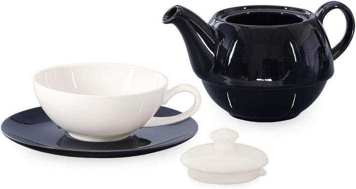 Buchensee Tea for One Lena 500ml aus Crystal Bone China Porzellan in schwarz-weiss. Teekanne + Teeta