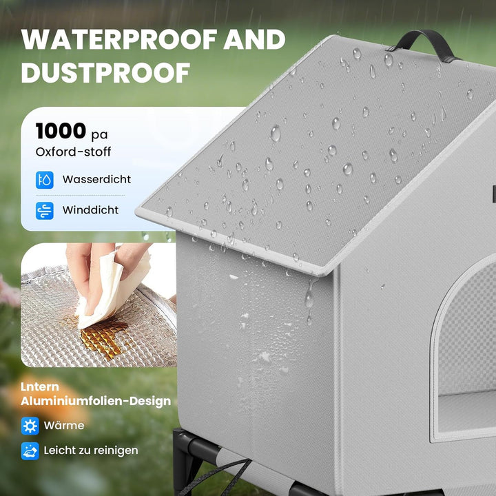 Outdoor Katzenhaus mit Erhöhten Design, Wasserdicht Katzenhaus für Draussen, Warm Hundehöhle mit Tür