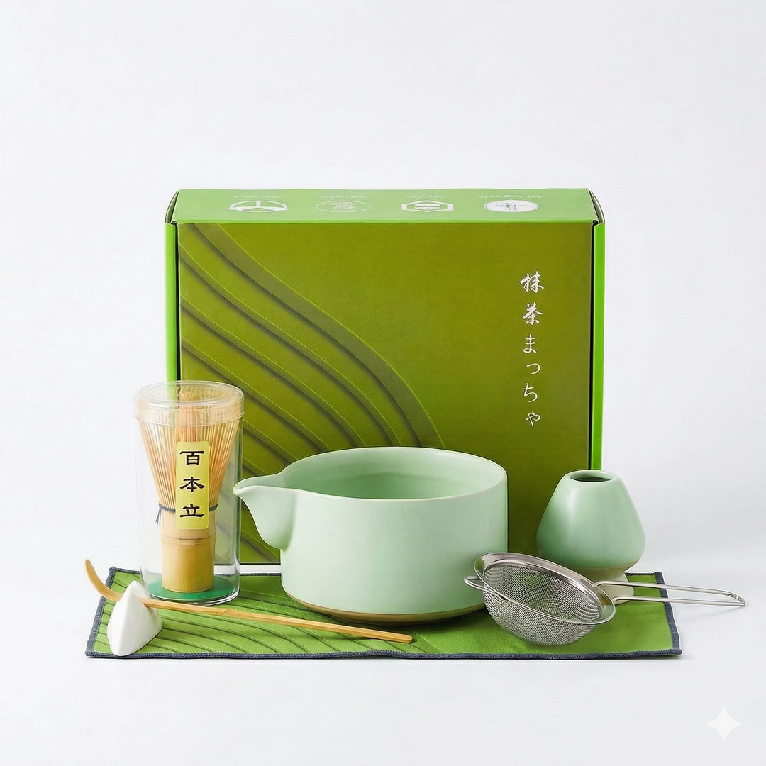 Matcha Set 7-tlg, Hellgrün Matcha Schale aus Keramik mit Matcha Besen aus Bambus und Besenhalter, Si