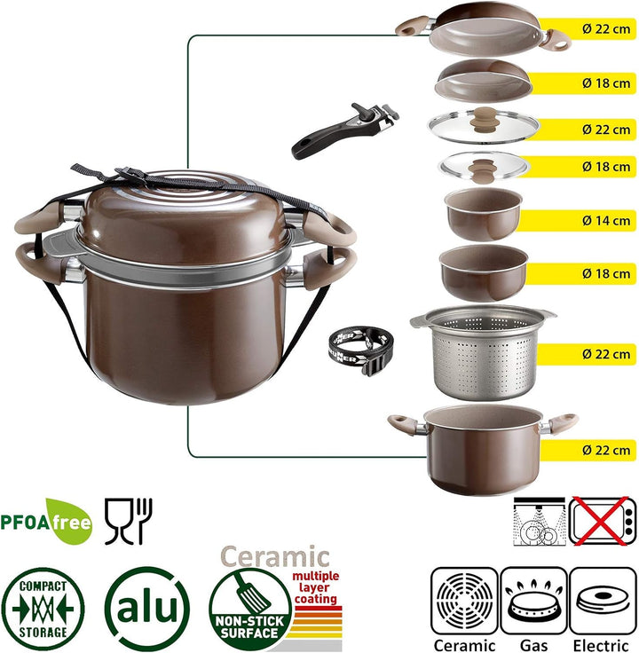 BRUNNER: Camping Kochgeschirr-Set Keramik (Töpfe und Pfannen) – ø 20 oder 22-cm Chocolate - 4 Person